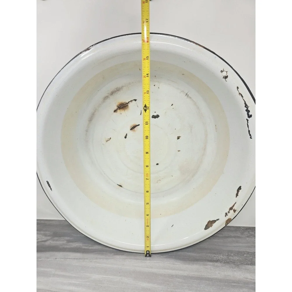 VTG White Black Enamelware Basin Bowl Antique Primitive Large 16